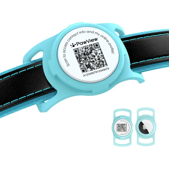 Coleira para Airtag de Silicone com QR Code para Cães e Gatos – Ciano