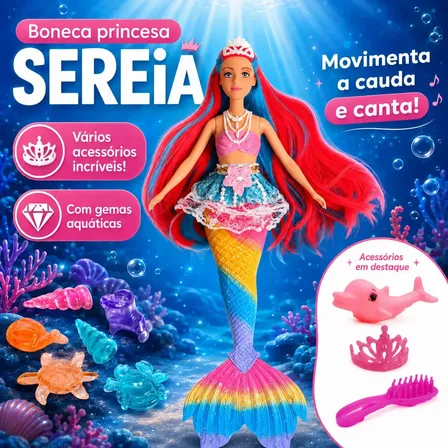 Boneca Sereia Petite Flô Musical Articulada Com Luz E Golfinho Para Crianças