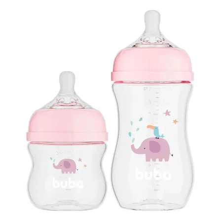 Kit 2 Mamadeiras Buba Easy Flow 120ml E 270ml Elefante Rosa