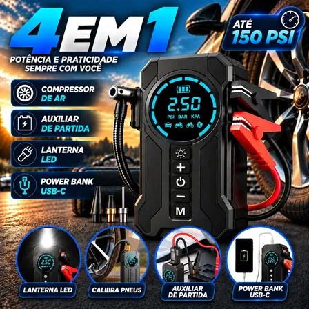 Compressor De Ar Portátil 150 Psi Auxiliar De Partida 12v Inflador De Pneus Digital Automotivo Usb-c Emergência Carro Moto Suv Preto 127/220v