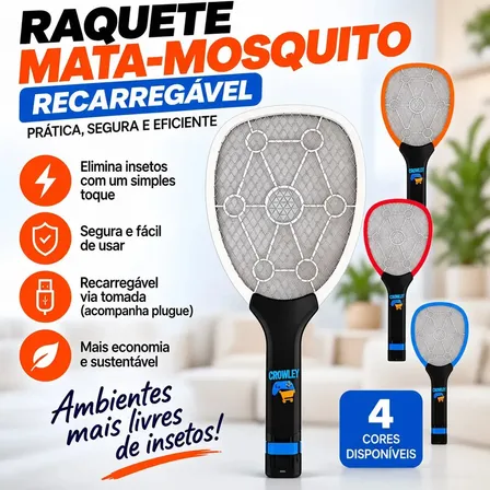 Raquete Elétrica Mata Mosquito Mosca Pernilongo Dengue Insetos Bateria Recarregavel Bivolt - Crowley