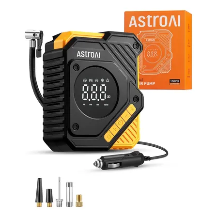 Compressor de ar para pneus de automóveis AstroAI CC,bomba digital para pneus de 150PSI com manômetro,grande visor LCD,predefinição inteligente e parada automática,para pneus de automóveis