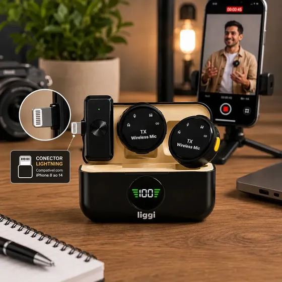 Microfone Lapela Redondo Imã Sem Fio Preto Duplo Anti Ruído Cor Preto - Lightning IPhone 8 ao 14