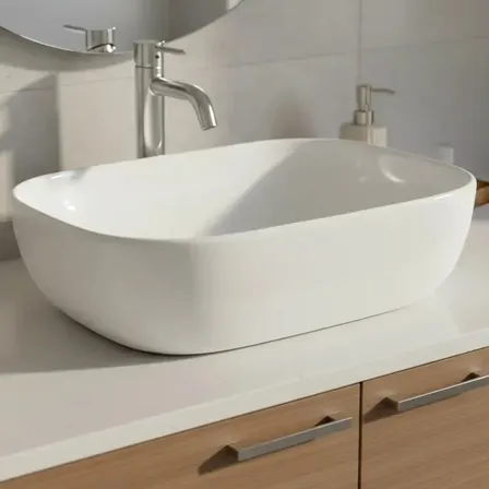 Cuba De Apoio Retangular Para Banheiro Cerâmica Branca Sobrepor 45cm Branco Brilhante