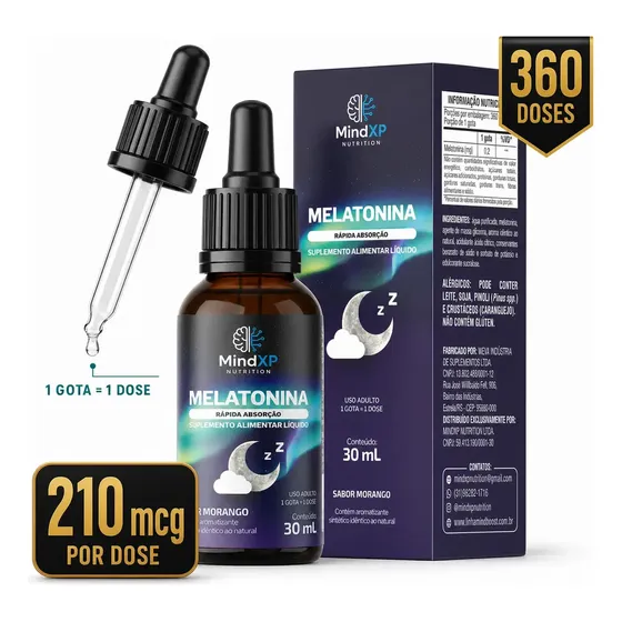 Melatonina em Gotas Sublingual 0,21mg 30ml Sabor Morango 360 Doses MindXP Nutrition