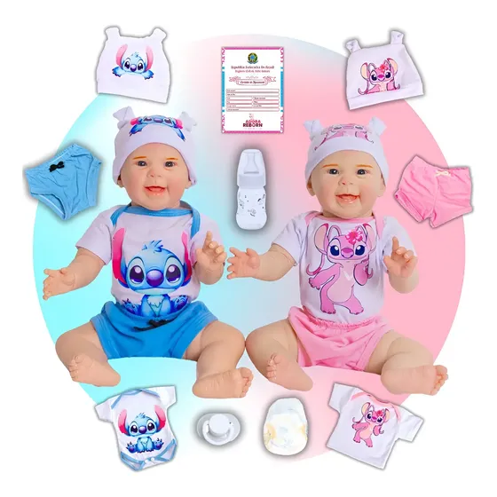 Bebê Reborn Boneca Realista Mayze Gêmeos Stitch E Angel