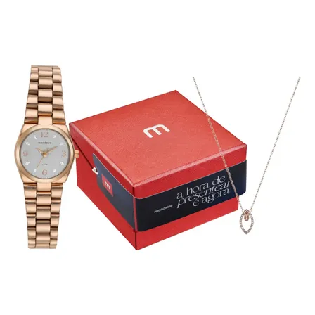 Kit Relógio De Pulso Mondaine Feminino 32871lpmkre3k1 Rosa + Colar