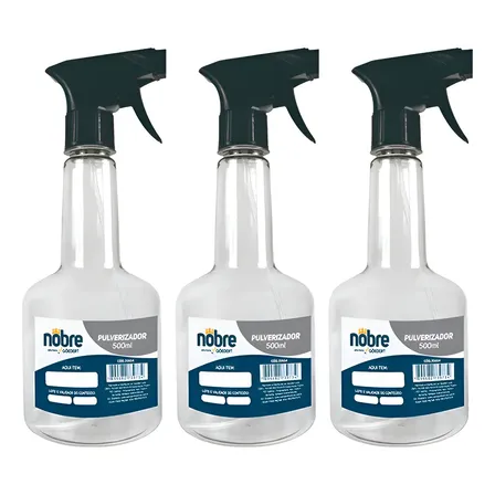 Pulverizador Manual Nobre 500ml Kit 3 Unidades Transparente Válvula Segurança
