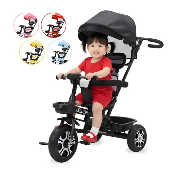 Triciclo Infantil Com Capota E Empurrador Pedal Passeio Preto