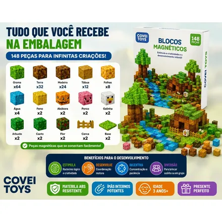 Kit 148 Blocos Imã Magnéticos Construção Montar Empilhamento Cubo Infantil Brinquedo Educativo Covei Toys