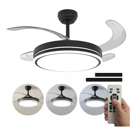 Ventilador Teto Retrátil Controle Remoto 4 Pás Preto Led Cor Das Pás Transparente Diâmetro 50 Cm Homefy.casa