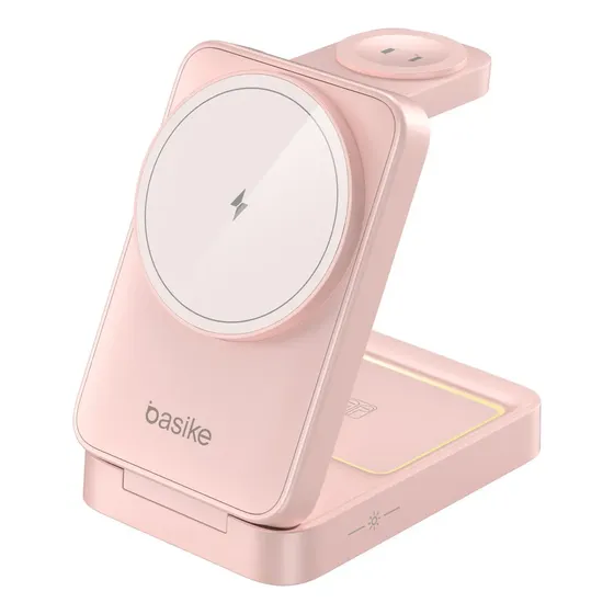 Carregador Indução Sem Fio 3em1 Basike Magsafe iPhone 17 16 15 14 Apple Watch AirPods Dobrável