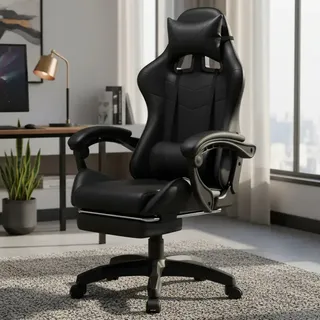 Cadeira Gamer Ergonômica Reclinável com Rodas e Couro Sintético na Cor Preta