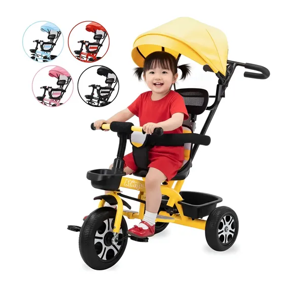 Triciclo Infantil Com Capota E Empurrador Pedal Passeio Amarelo