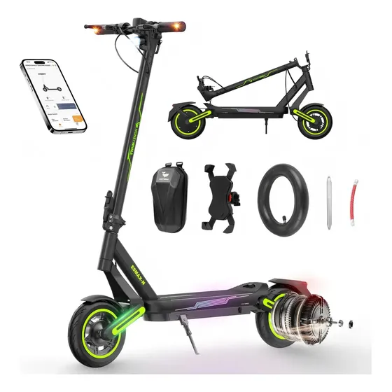 HONEYWHALE E9 MAX-N Patinete Elétrico Dobrável, 500w Scooter Elétrica, 650w(Max)-32km/h-40km, Pneus de 10", Dupla Suspensão, com Bluetooth e APP, Com Brindes, Para Adulto e Jovem, Preto e Verde