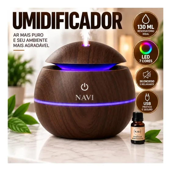 Umidificador de Ar Difusor de Aromas Ultrassônico LED 7 Cores Madeira Escura 130ml USB Silencioso Aromaterapia Essência Hidrossolúvel Umidificador de Ambiente Quarto Sala Escritório NAVI