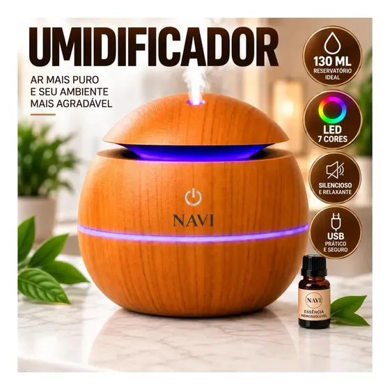 Umidificador De Ar E Difusor De Aromas Madeira Com Led Colorido Ultrassônico Silencioso Aromaterapia Relaxante Com Essência Para Quarto, Sala, Spa E Escritório Design Premium Marca Navi
