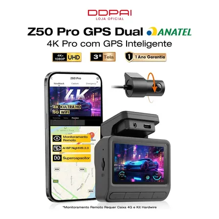 Câmera Veicular Automotiva Ddpai Z50 Pro Dashcam IPS de 3'' 4K+1080P para Carros WiFi 5G 6 Integrado GPS, Câmera para Carro com Visão Noturna AI ISP, Modo de Estacionamento de 48h, ADAS, Camera Carro