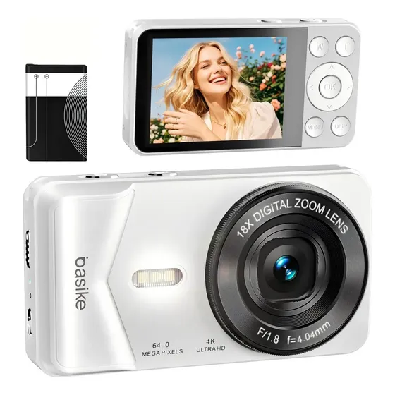 Basike Câmera Digital Portátil 4k Ultra Hd 64mp Máquina Fotográfica , 18X Zoom, Foco Automático e Função Webcam, Carregamento USB, Com Flash, Para Infantil,Iniciantes,Vlog