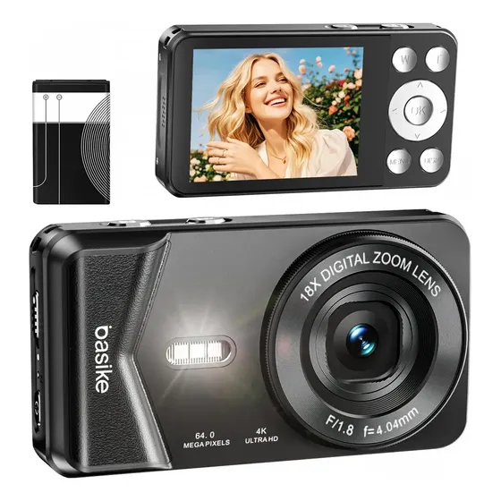Basike Câmera Digital Portátil 18X Zoom, Câmera Para Vlogs Com Foco Automático E 4k De Pixels, Com Flash E Filtro, Estabilização De Imagem, Para Adolescentes, Iniciantes, Vlog, Viajes Cor Preto