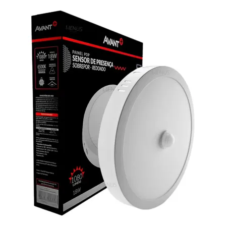 Painel LED Avant Redondo Avant 18W Teto Luz Branco Frio 6500K Sensor Presença