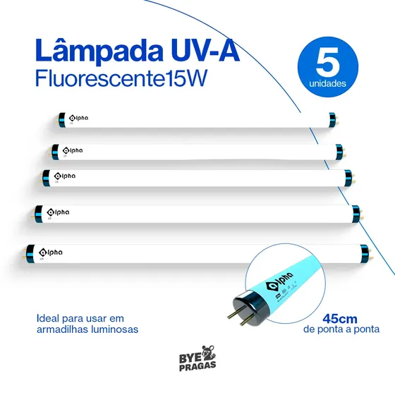 Kit 5 Lâmpadas Luz Armadilha Luminosa Uv-a Fluorescent 15w Pega Mata Insetos Mosquito Combate Moscas - Restaurante Hotel Mercado Pizzaria Super Mercado Pousada Hamburgueria Açougue Oficial Bye Pragas