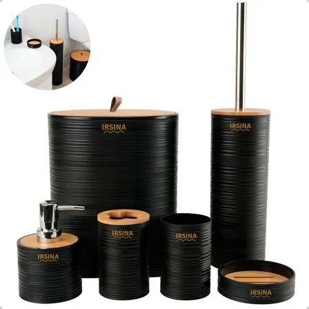 Kit Banheiro Conjunto De Acessórios Moderno Bambu Lixeira Saboneteira Escova Cor Preto Irsina