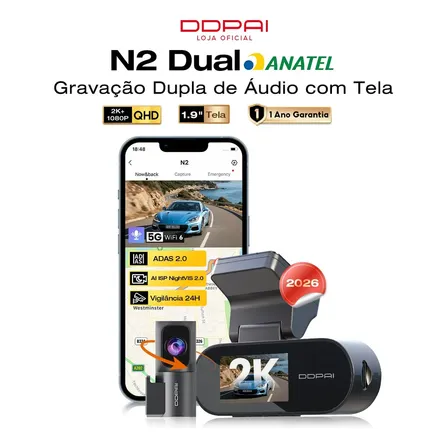 Câmera Veicular Automotiva Ddpai N2 Dashcam Dual 2K+1080P IPS de 1,9'' para Carros WiFi 5G 6 Integrado Visão Noturna AI ISP, Câmera para Carro com Modo de Estacionamento de 48h, Gravação em Loop ADAS