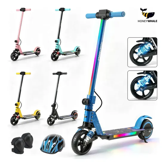Patinete Elétrico Infantil HONEYWHALE E10S, 180W-16KM/H-6KM, Motor-Velocidade-Autonomia-Máxima, Pedal com 3 Cores de Luzes Gradientes, Suspensão Dianteira, 6,5" Pneu Sólido, Honey Whale Azul