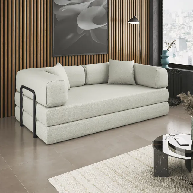 Sofá Cama Colchão Casal Compact Air Confortável Moderno Sala Bege Balaqui Decor Bouclê