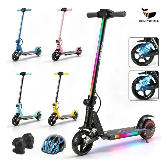 Patinete Elétrico Infantil HONEYWHALE E10S, 180W-16KM/H-6KM, Motor-Velocidade-Autonomia-Máxima, Pedal com 3 Cores de Luzes Gradientes, Suspensão Dianteira, 6,5" Pneu Sólido, Honey Whale Preto