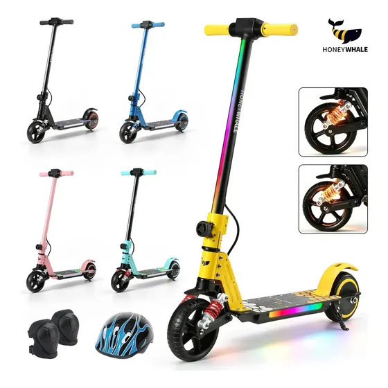 Patinete Elétrico Infantil HONEYWHALE E10S, 180W-16KM/H-6KM, Motor-Velocidade-Autonomia-Máxima, Pedal com 3 Cores de Luzes Gradientes, Suspensão Dianteira, 6,5" Pneu Sólido, Honey Whale Amarelo