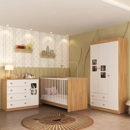 Quarto de Bebê Completo com Berço 3 em 1 para Colchão 130x60cm Brisa Multimóveis MP4525 Madeirado/Branco