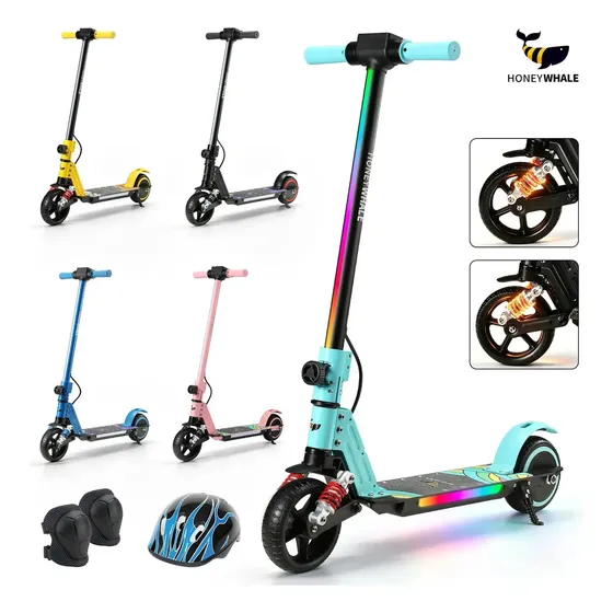 Patinete Elétrico Infantil HONEYWHALE E10S, 180W-16KM/H-6KM, Motor-Velocidade-Autonomia-Máxima, Pedal com 3 Cores de Luzes Gradientes, Suspensão Dianteira, 6,5" Pneu Sólido, Honey Whale Verde-claro