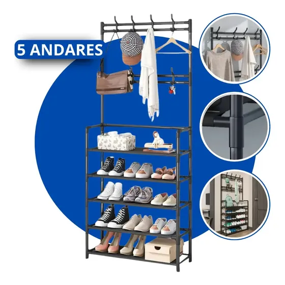 Arara Prateleira Organizadora 5 Andares Epsilon EPS-9160 Preto com Ganchos
