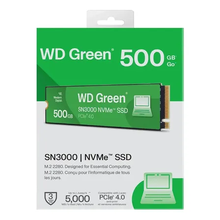 Ssd Wd Green Sn3000, 500gb, M.2 2280, Pcie Nvme, Leitura 5000mb/s, Gravacao 4100mb/s, Wds500g4g0e Verde