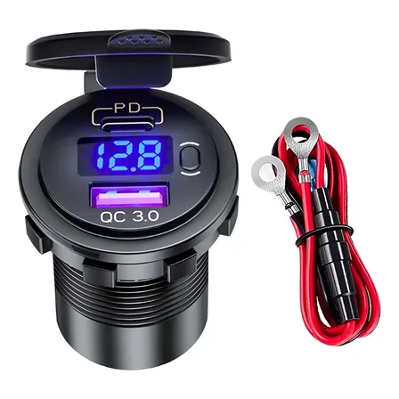 Tomada Carregador Carro Usb Tipo C Pd3.0 Voltimetro Vermelho Cor Preto/led Azul