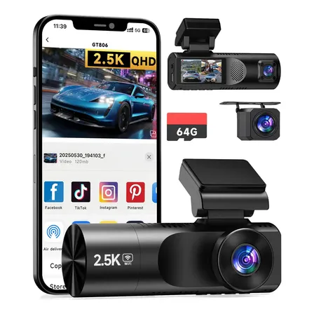 Câmera Veicular OLAFVI GT806 2.5K com Wi-Fi, Visão Noturna e Cartão SD de 64 GB