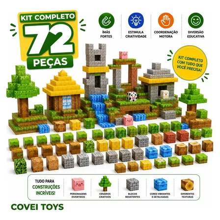 Kit 72 Blocos Magnéticos Construção Imã Montar Empilhamento Cubo Infantil Brinquedo Educativo Covei Toys Colorido