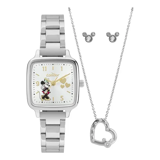 Kit Relógio Condor Disney Feminino Quadrado Prateado Com Minnie e Joias