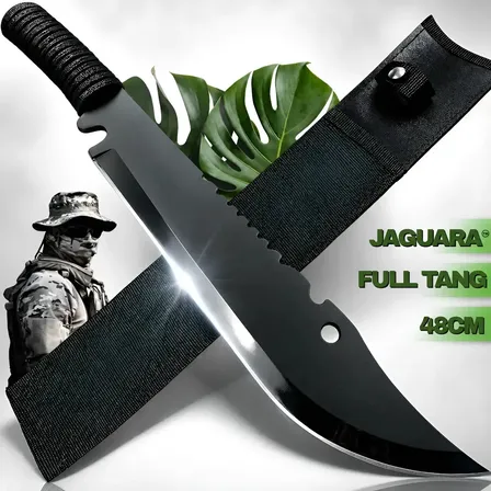 Facão Tático Militar Full Tang Serrilhado 48cm Com Bainha Camping Caça Pesca Mato Floresta Trabalho Com Abridor De Garrafa Perfeito Para Presente Peixeira Super Afiado Bruto Roça Fazenda Dia Dia
