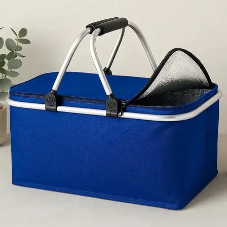 Cesta De Piquenique Bolsa Térmica Dobravel Compacto E Costura Reforçada Tamanho Grande Passeio Romântico Cor Azul Mantem Quente Ou Frio Azul-turquesa