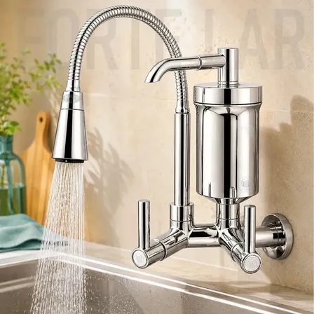 Torneira Com Filtro Gourmet De Cozinha 2 Jatos Flexível Forte Lar Metais Parede Prateado Cromado Cone Cromado