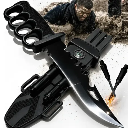 Faca Tática Sobrevivência 33cm Aço 440c Ultra Afiada Com Soco Inglês Bússola Apito Pederneira Afiador Bainha Militar Camping Caça Pesca Trilha Emergência Resgate Selva Outdoor Combate Preto