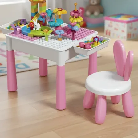 Mesa de Atividades Infantil 2 em 1 com Cadeira Orelhinha para Blocos de Montar e Desenhar Rosa