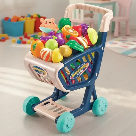 Carrinho de Compras Infantil BrinqKids Azul 36 Peças Plástico 39cm