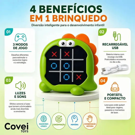 Brinquedo Jogo Da Velha Eletrônico Portátil Tic Tac Toe Puzzle 3 em 1 Game Recarregavel Usb Dinossauro Covei Toys