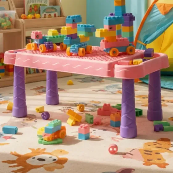 Mesa Interativa Infantil Brinq Kids Rosa com Blocos de Montar