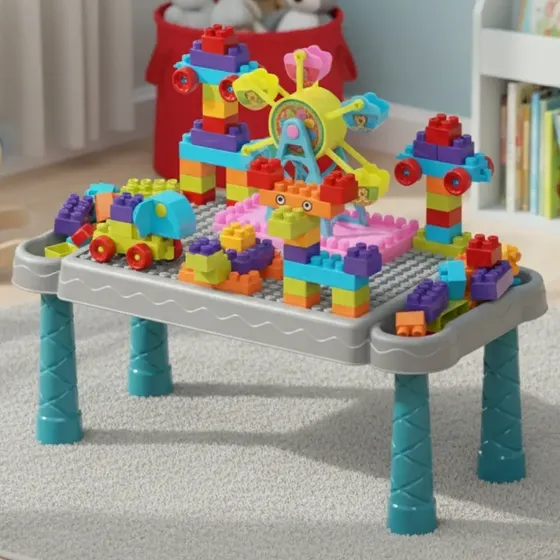 Mesa de Atividades Infantil Didática com Blocos de Montar Brinq Kids Azul-marinho