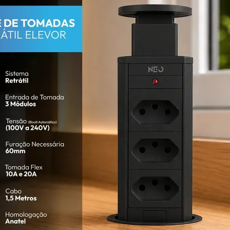 Torre de Tomada Embutir Neo Avant Preta 3 Tomadas Flex 10A 20A Bivolt